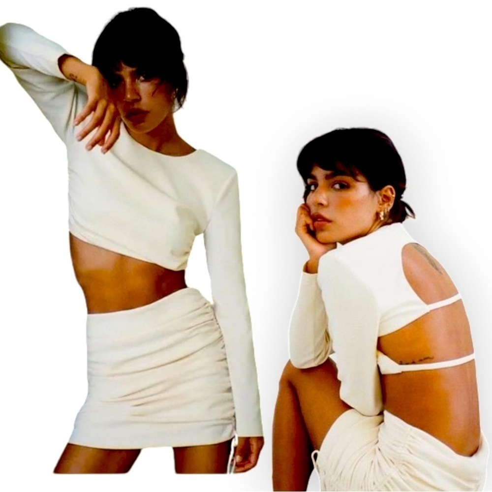 NWT Zara Oyster White Long Sleeve Open Back Crop Top Size Large